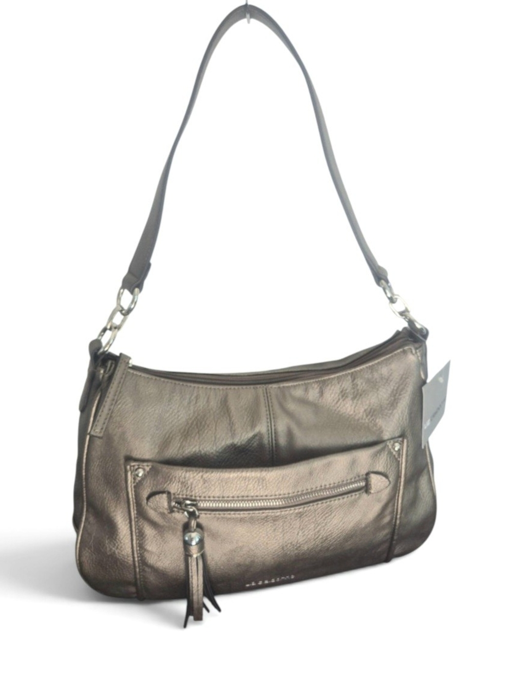 Y2k Liz Claiborne Metallic Pewter Shoulder Bag with Front Zip Tassel
